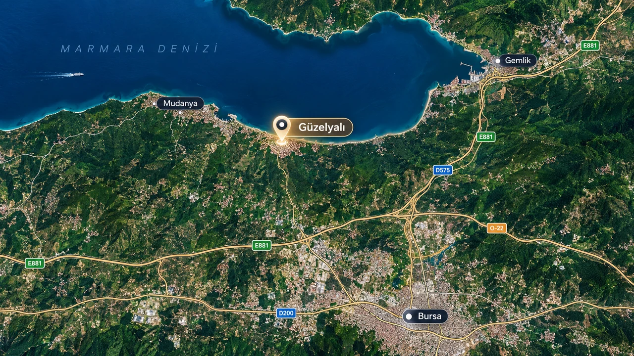 Mudanya, Güzelyalı ve Bursa’yı gösteren yeşil tonlu hizmet bölgesi haritası